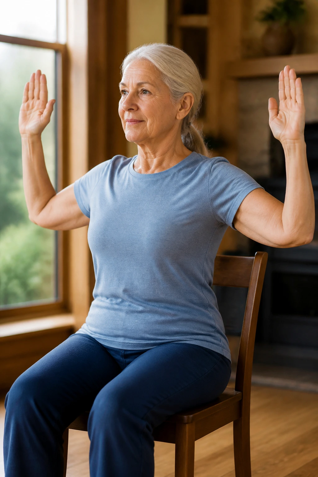 Person in chair demonstrating seated warrior arms with calm legs
