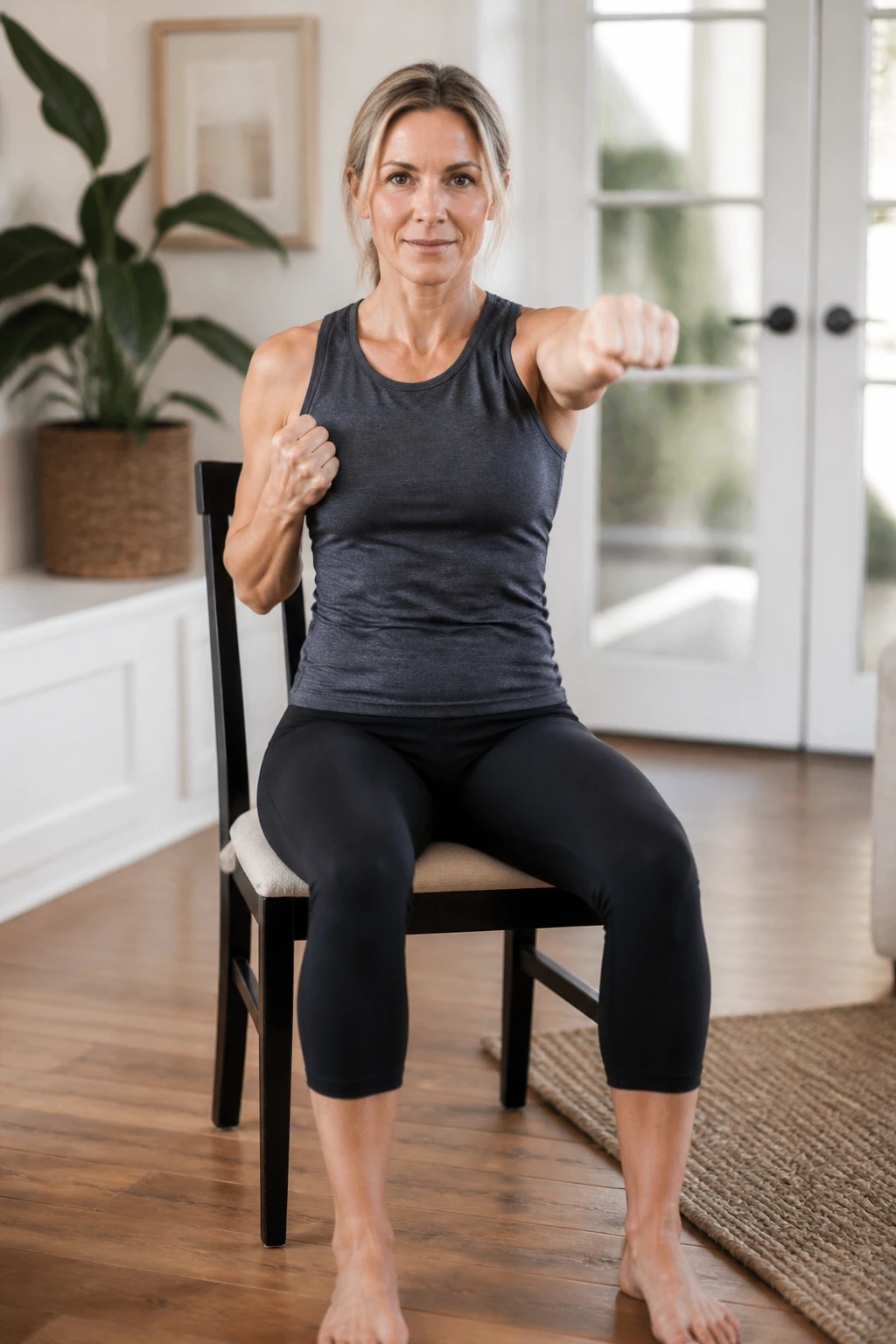Person seated in a chair performing seated punches in a bright home setting.