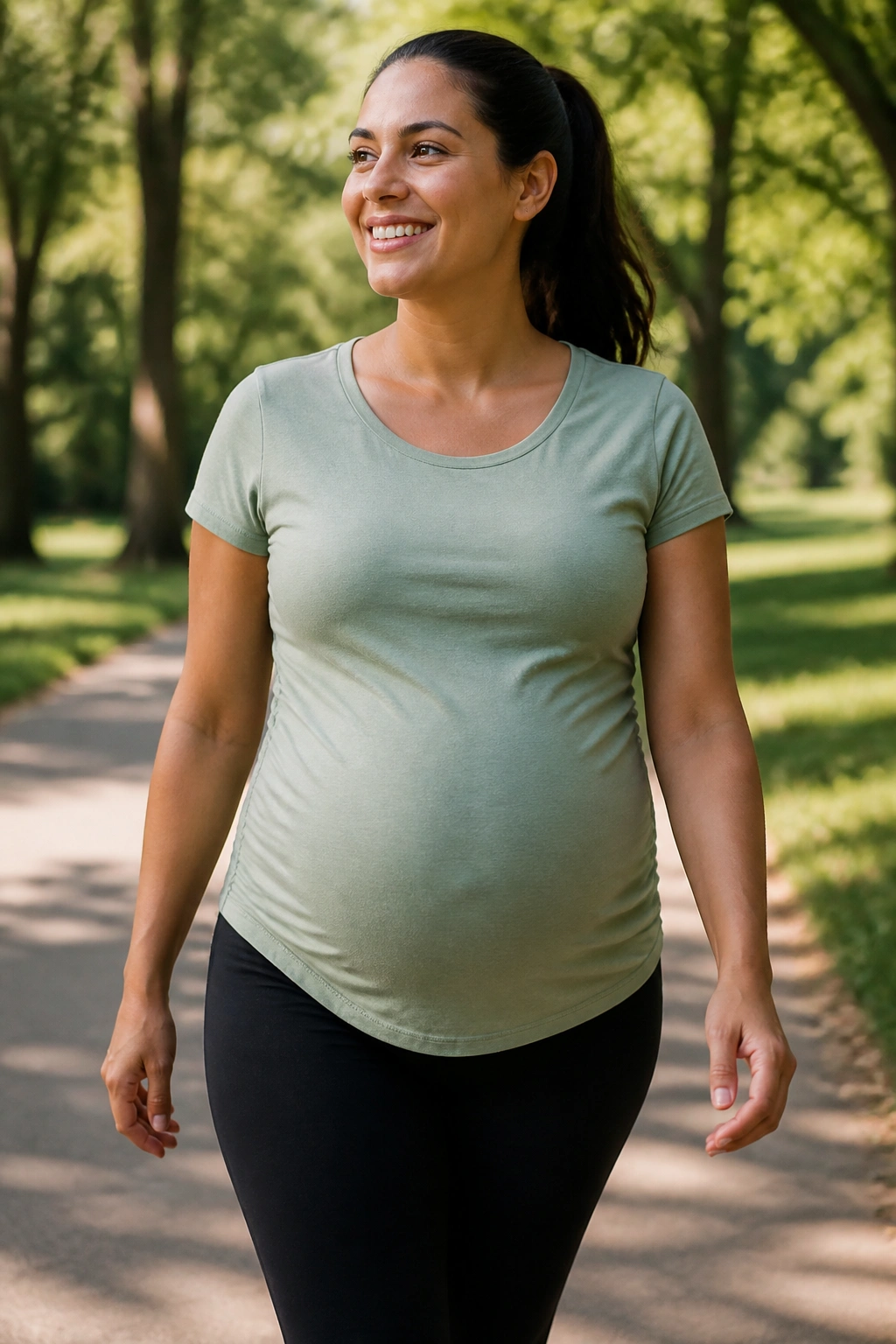 Pregnant person walking in a park for energy-boosting walk