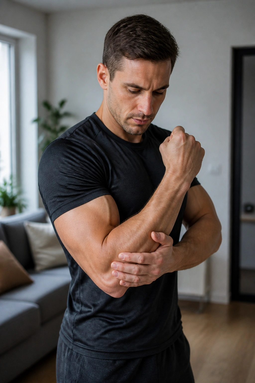 Arm performing self-resistance biceps curl with opposite hand providing resistance.