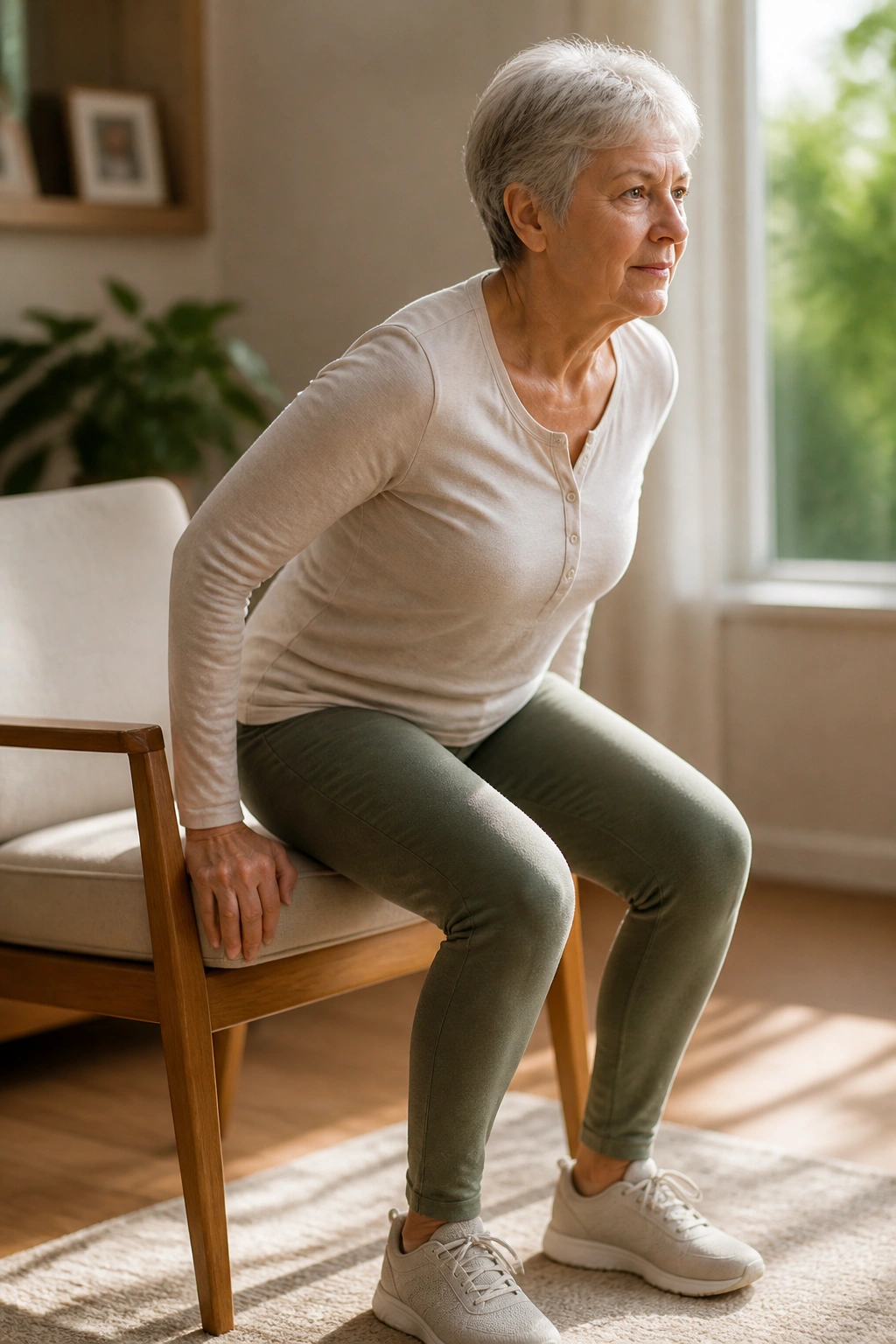 Older adult doing sit-to-stand balance exercise with chair support