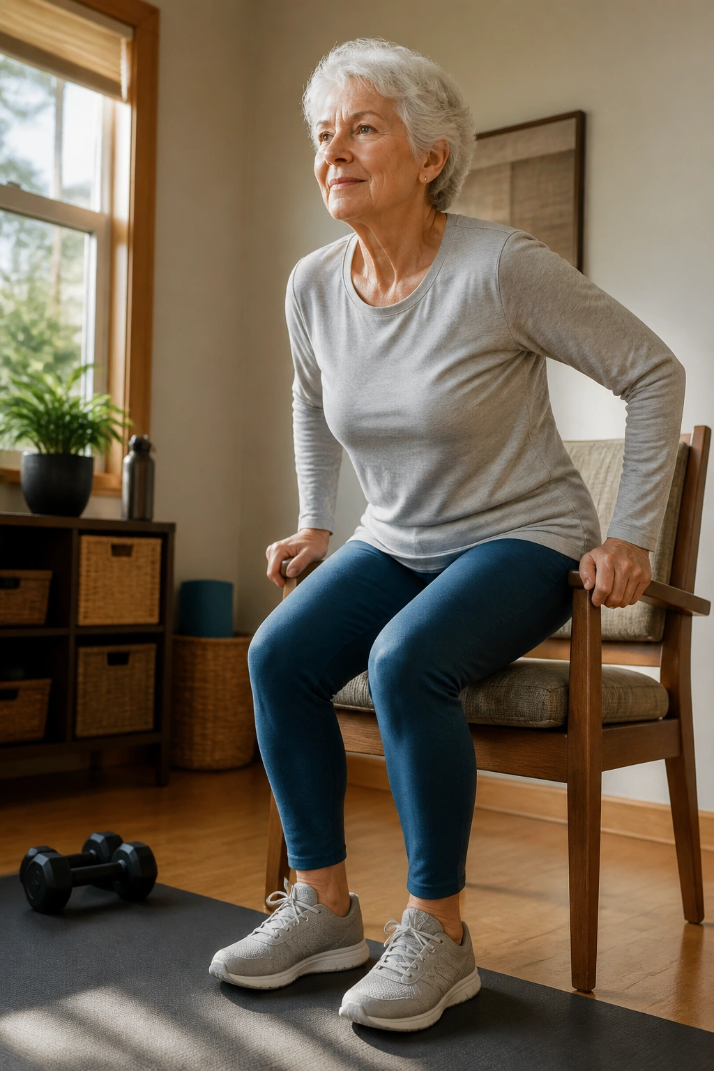 Older adult performing chair stand to strengthen legs and improve balance in a home gym