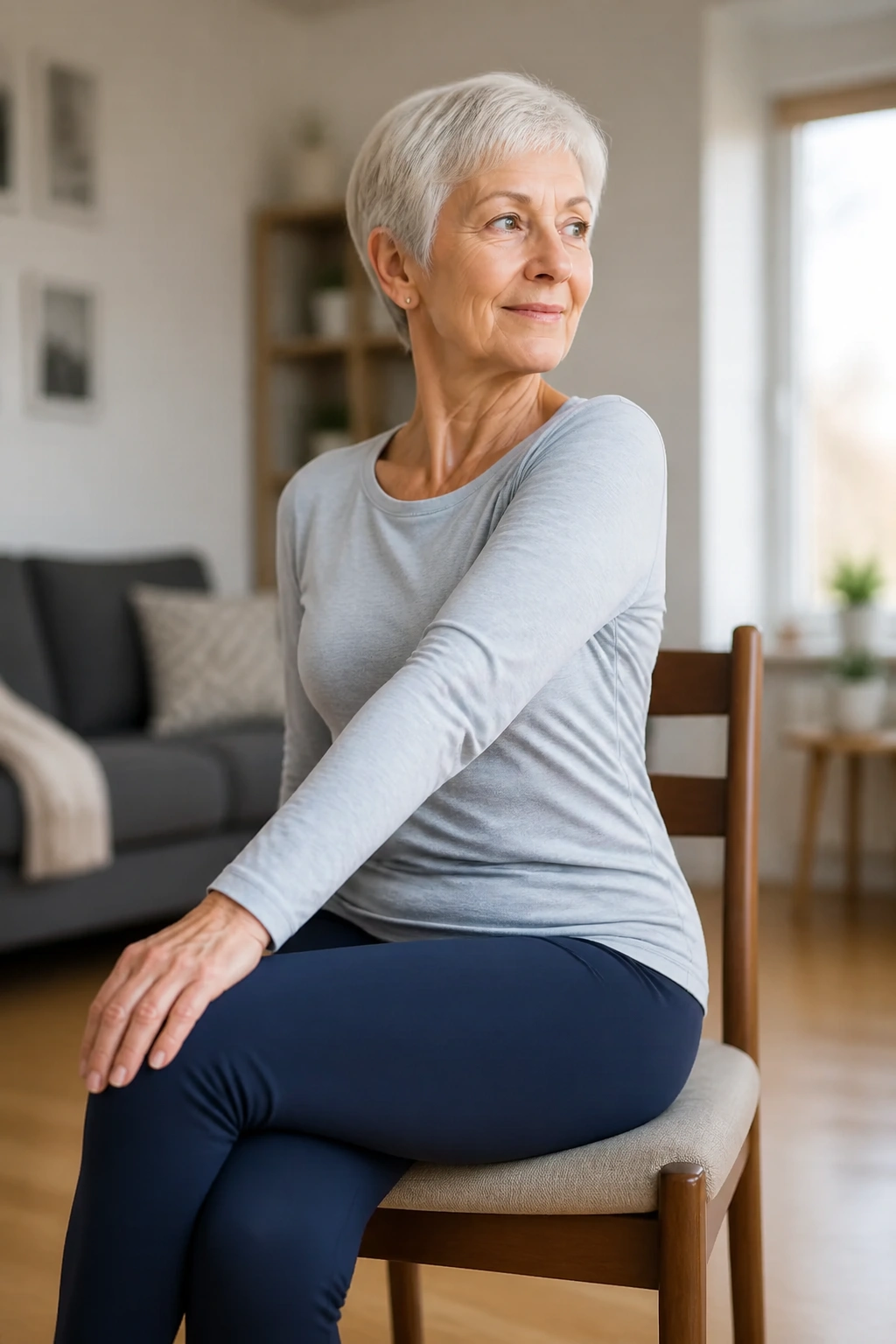 Elderly woman performing seated spinal twist in a sunlit living room