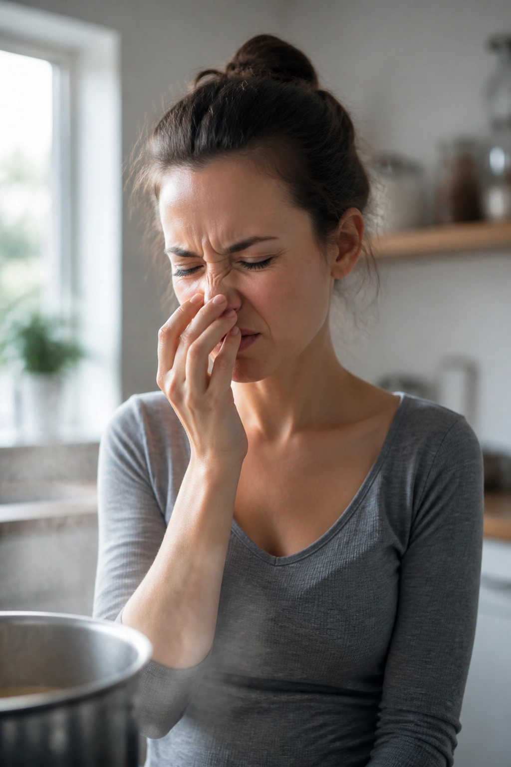 Close-up portrait of a pregnant woman reacting to a strong smell