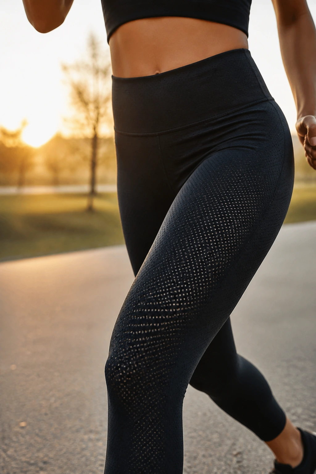 Medium close-up of SenseKnit Running High-Rise Tight 25 on a real runner in a park at sunrise