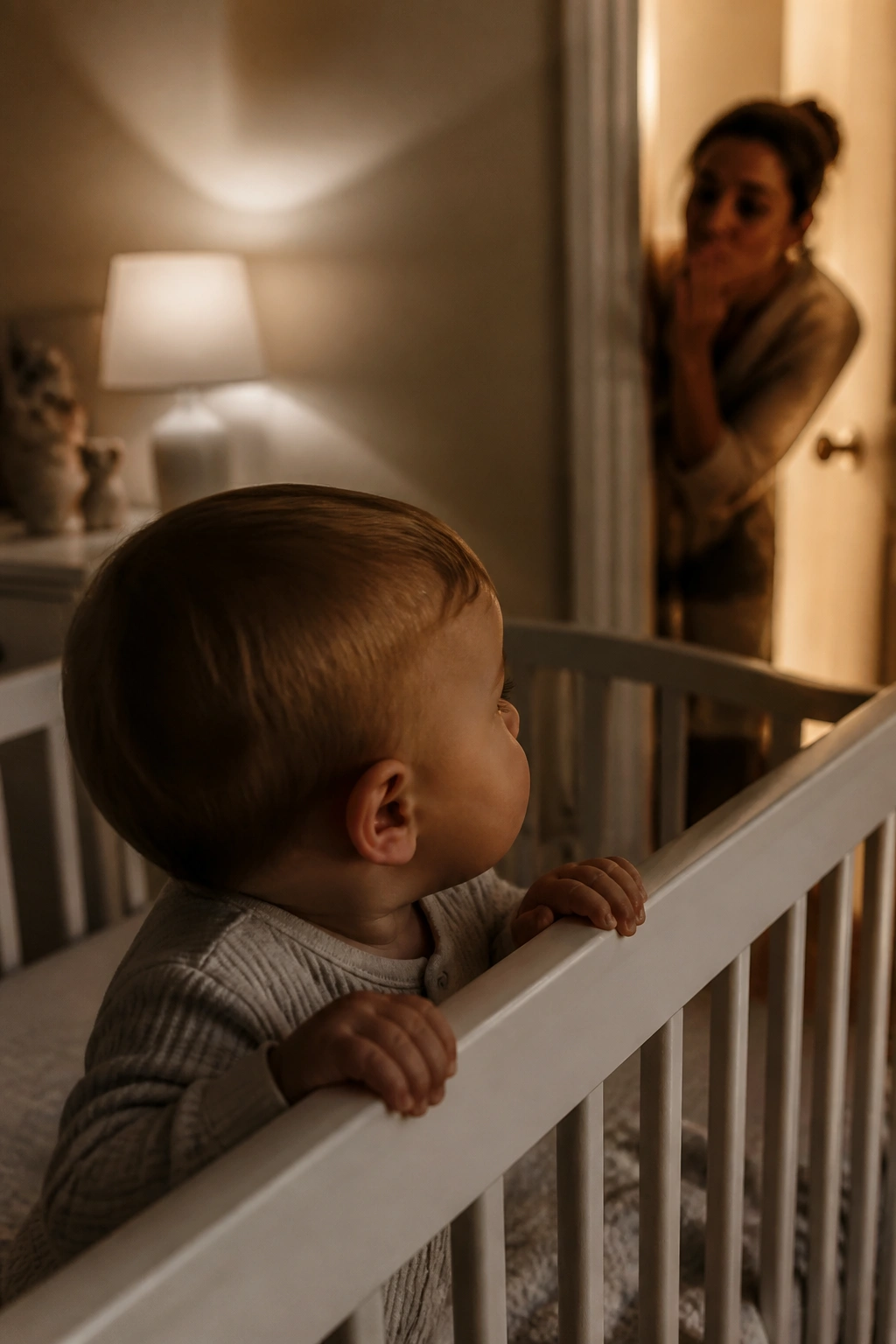 Close-up of a baby in a crib as a calm parent exits, illustrating predictable goodbye easing separation anxiety