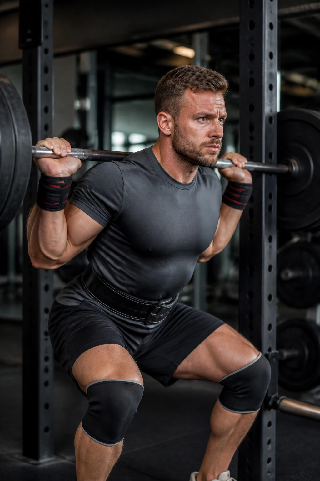Lifter performing a squat during a set in a gym