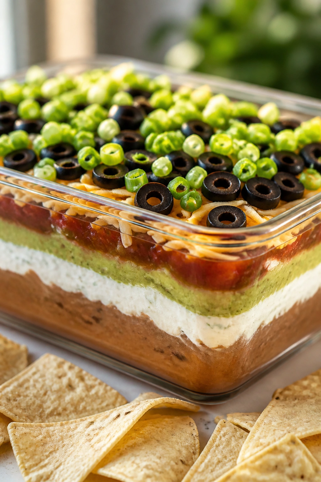 Seven-layer dip in a clear glass dish with stacked layers