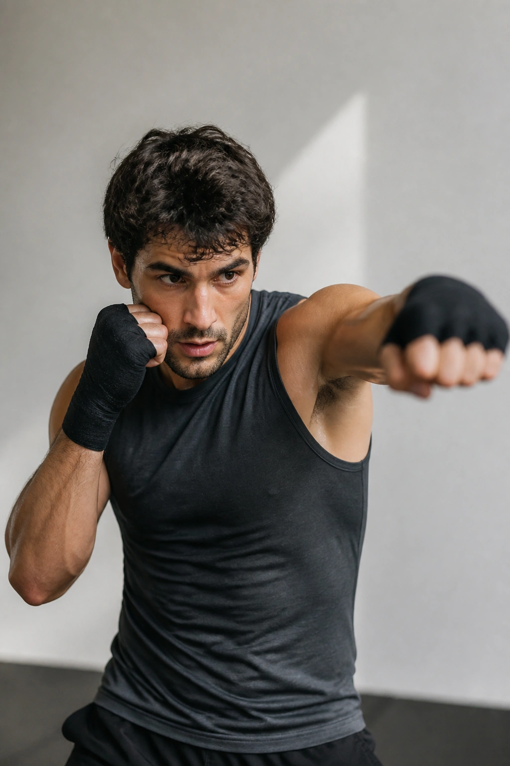 Medium close-up of a person shadow boxing in a bright room.