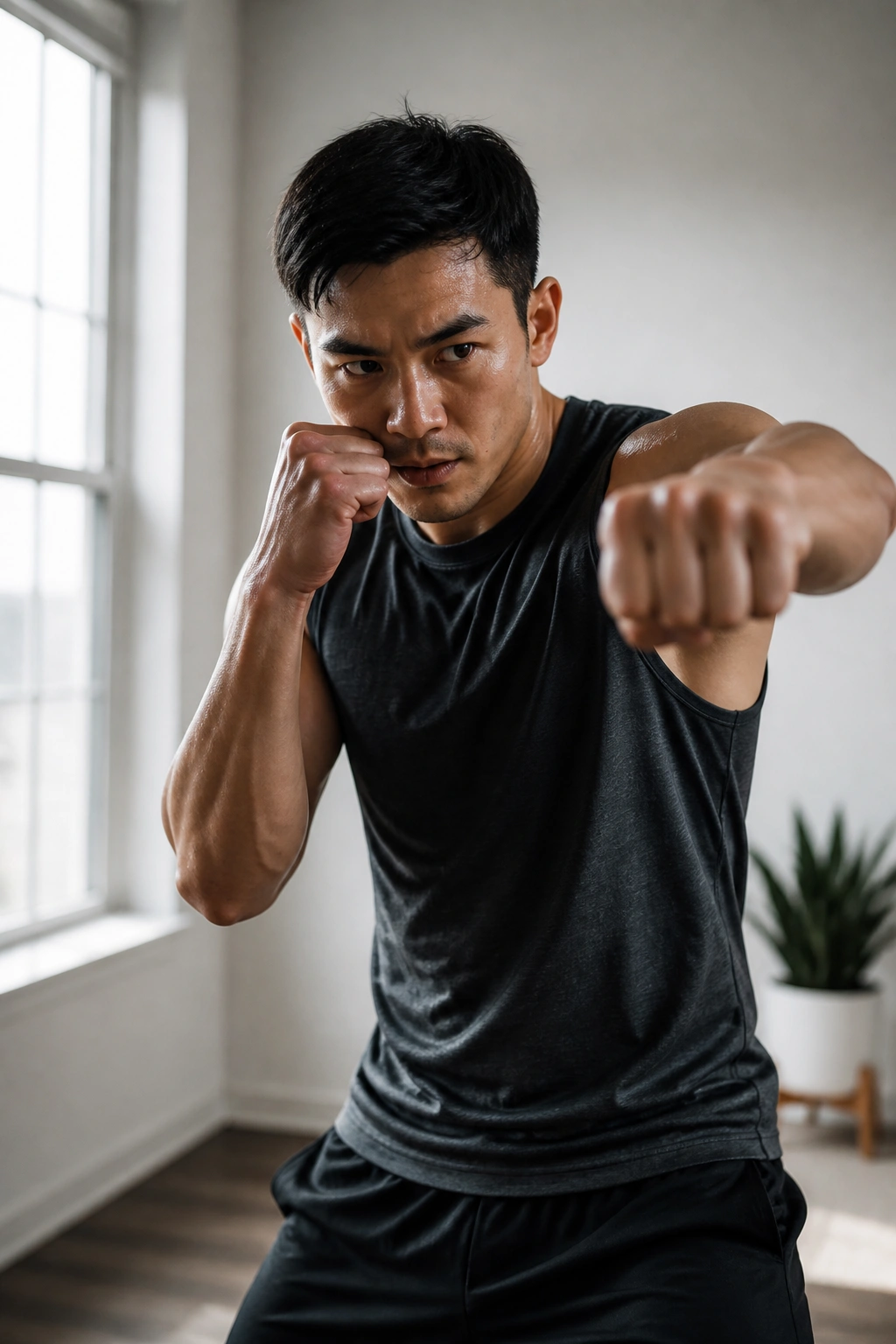 Person shadowboxing in a bright small room with fists up