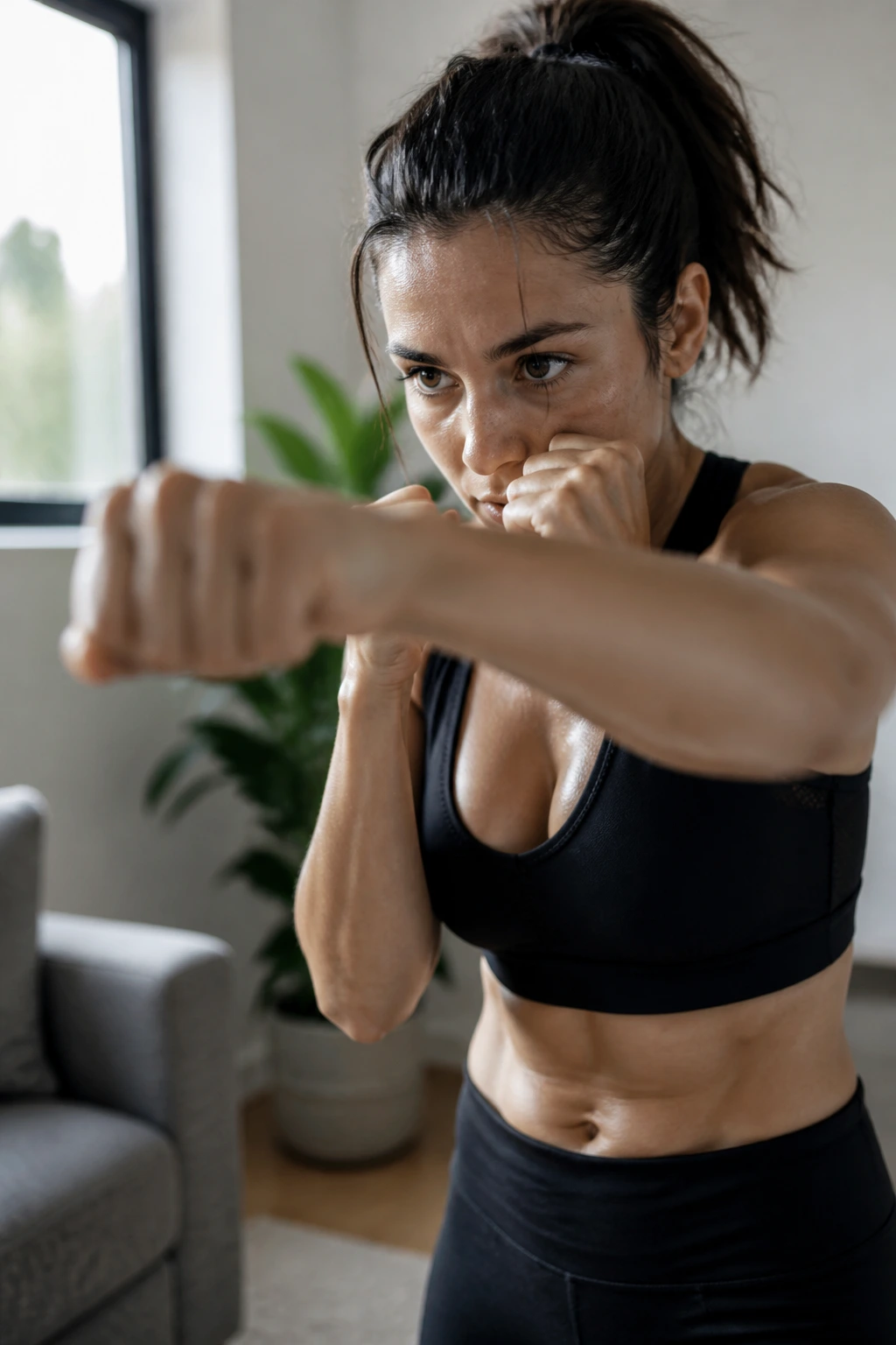 Woman shadow boxing in a bright living room