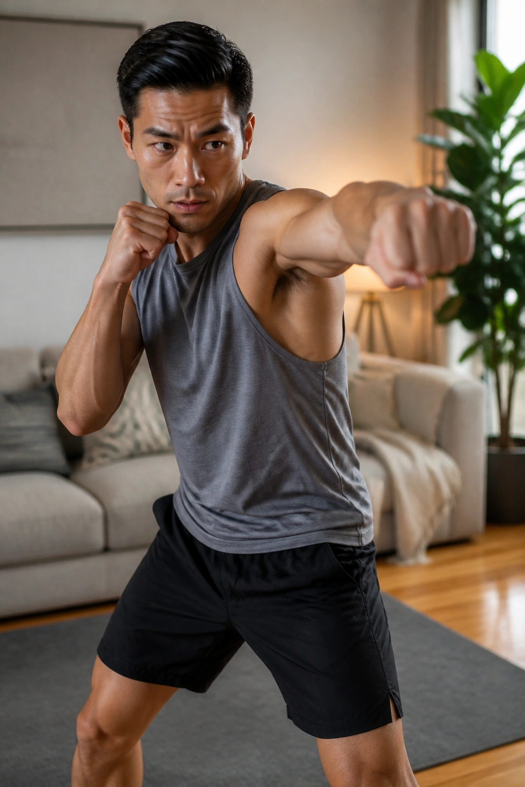 Person shadow boxing in living room