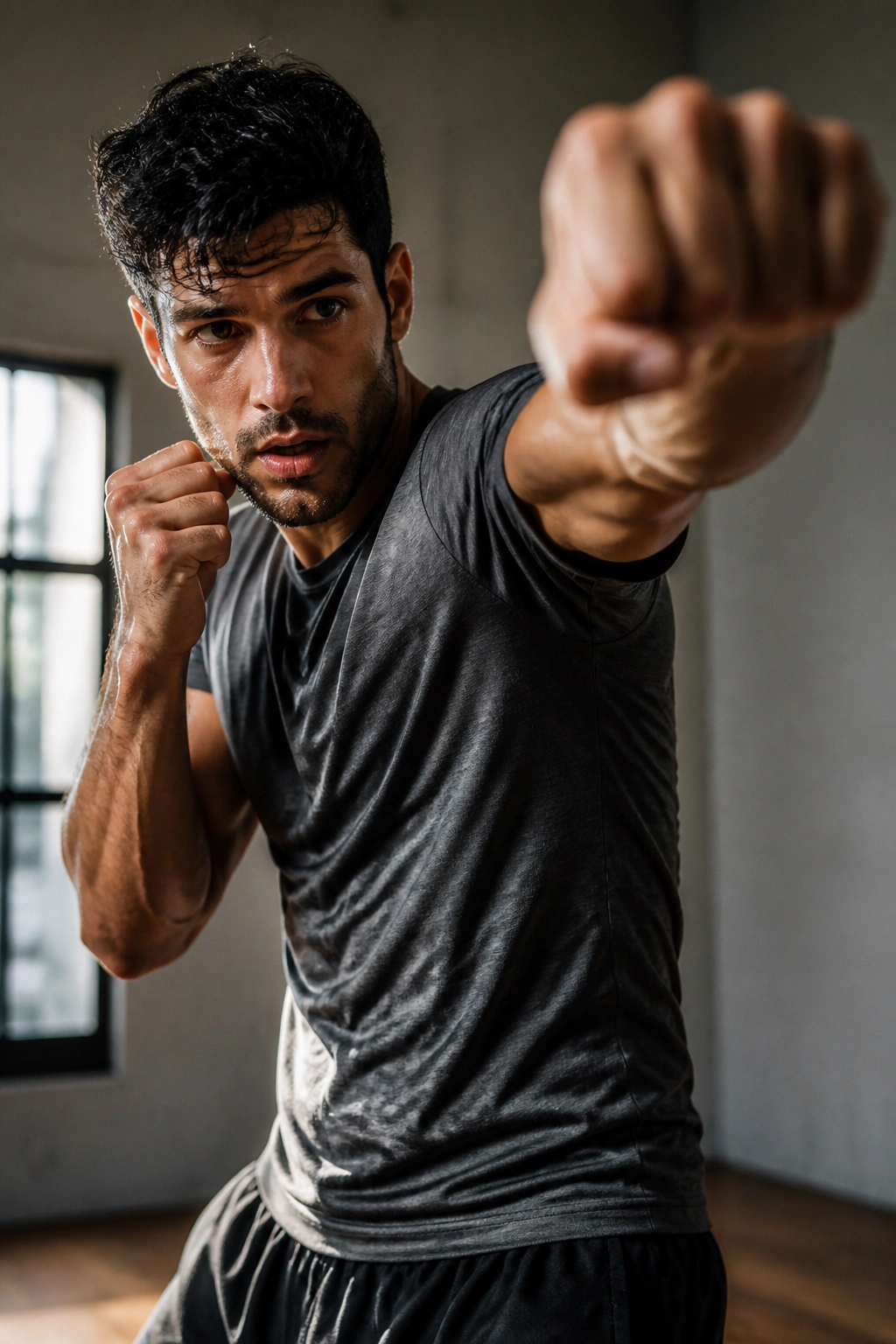 Worker shadow boxing in a gym corner