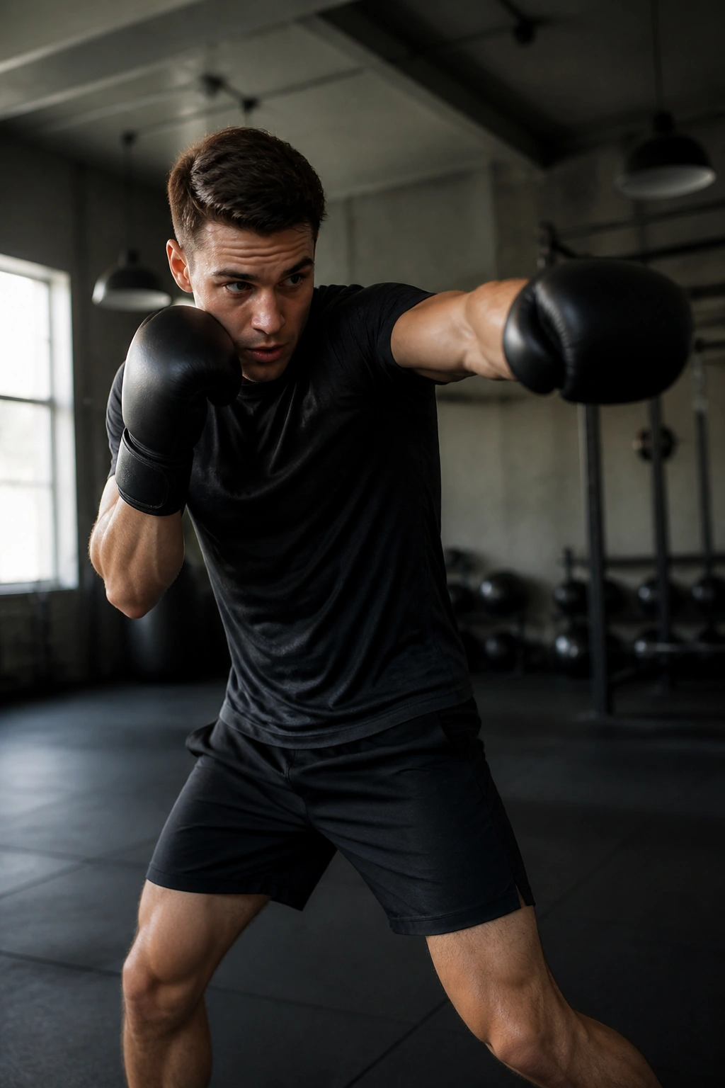 Real person shadow boxing with gloves in gym setting
