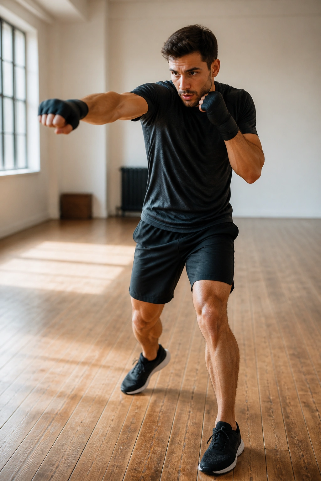 Person shadow boxing in a spacious room with hands up.