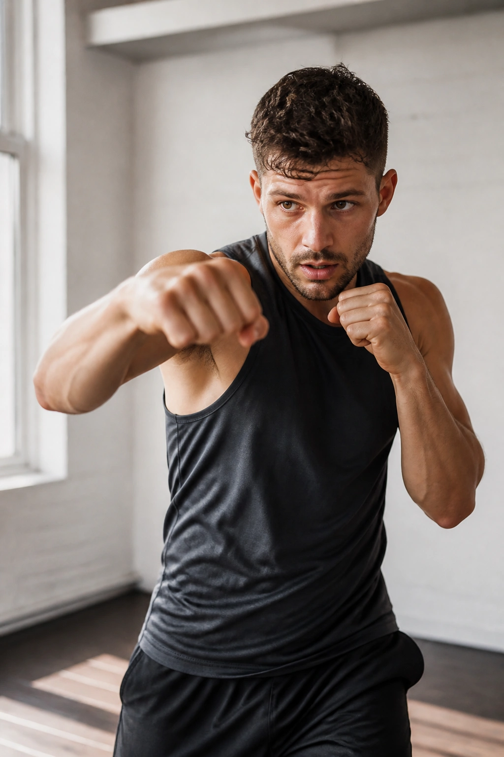 Medium close-up of a person throwing a punch in the air during shadow boxing in a bright gym