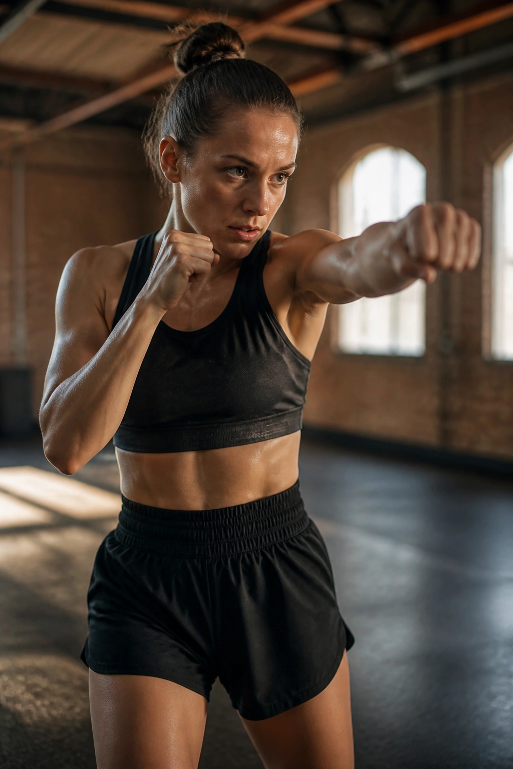 Person shadow boxing in gym, punching air