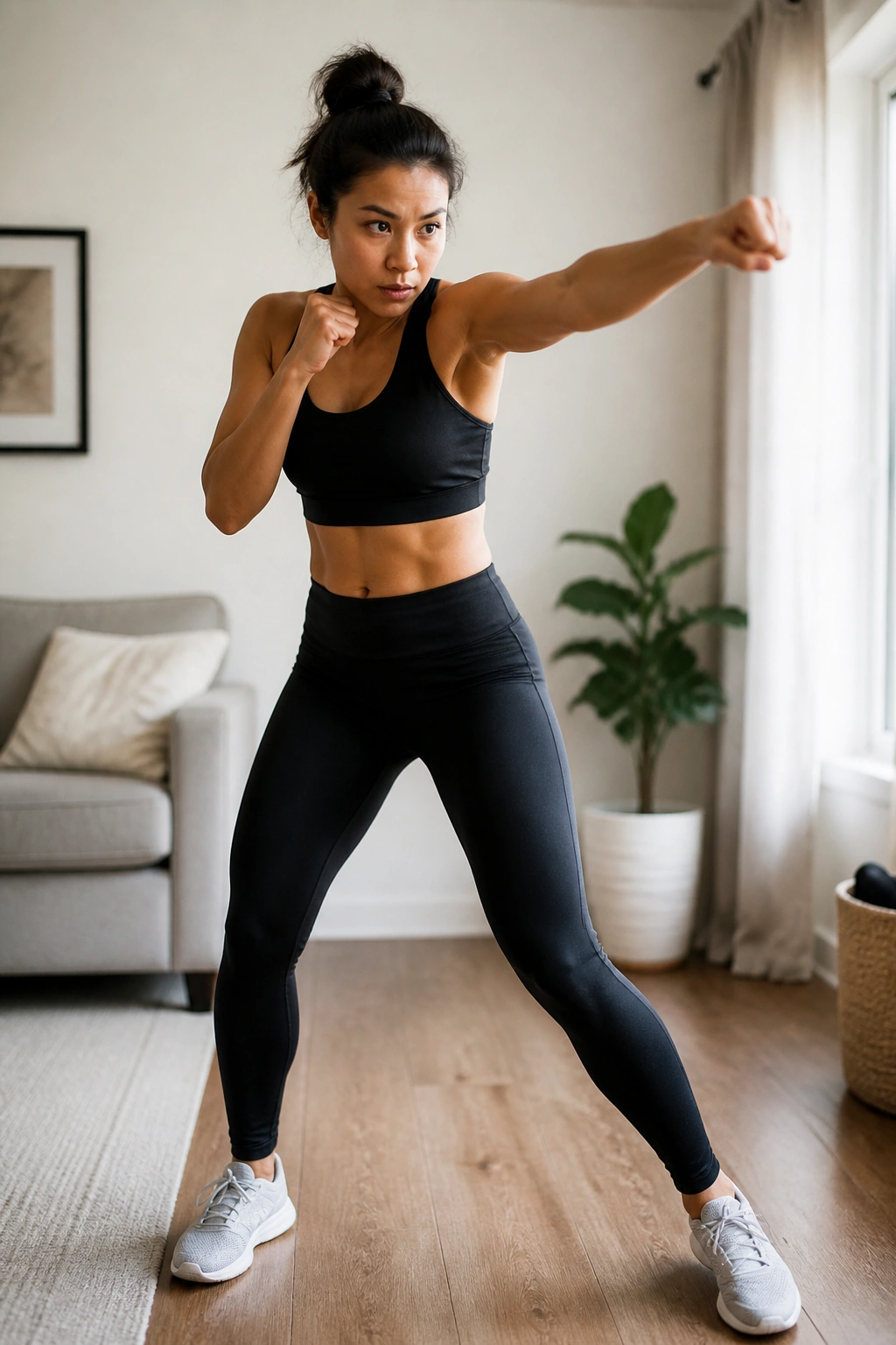 Person shadow boxing in a living room for cardio