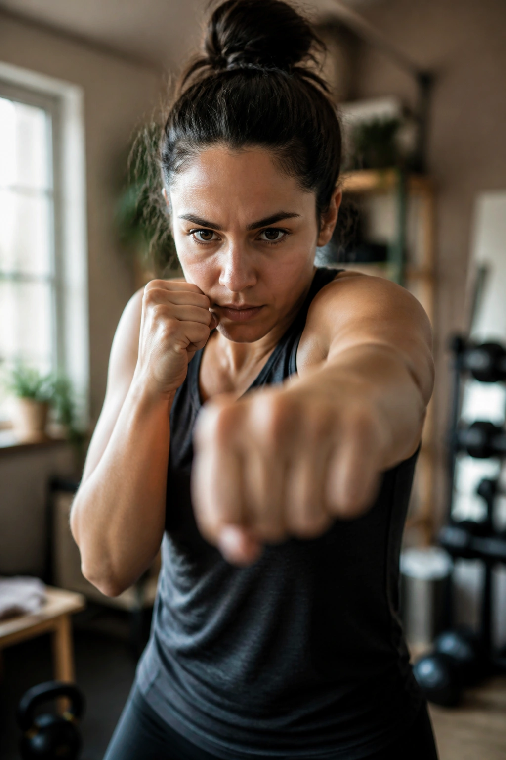Portrait of a person shadow boxing in a home gym