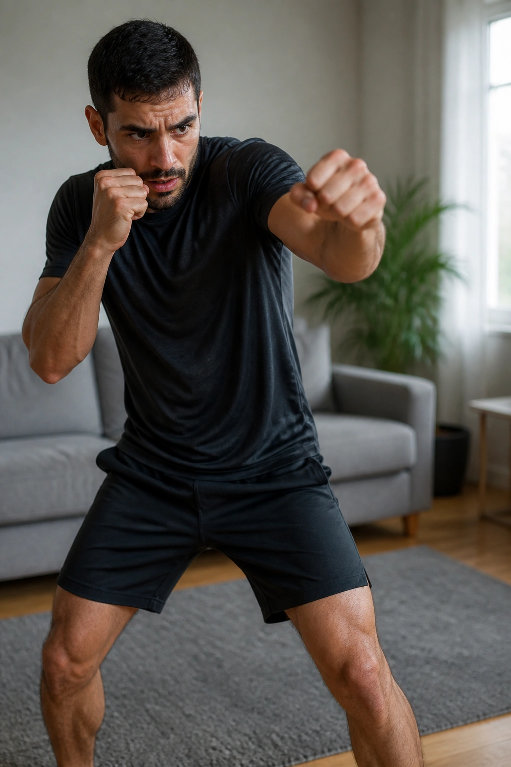 Medium shot of a person shadow boxing in a living room.