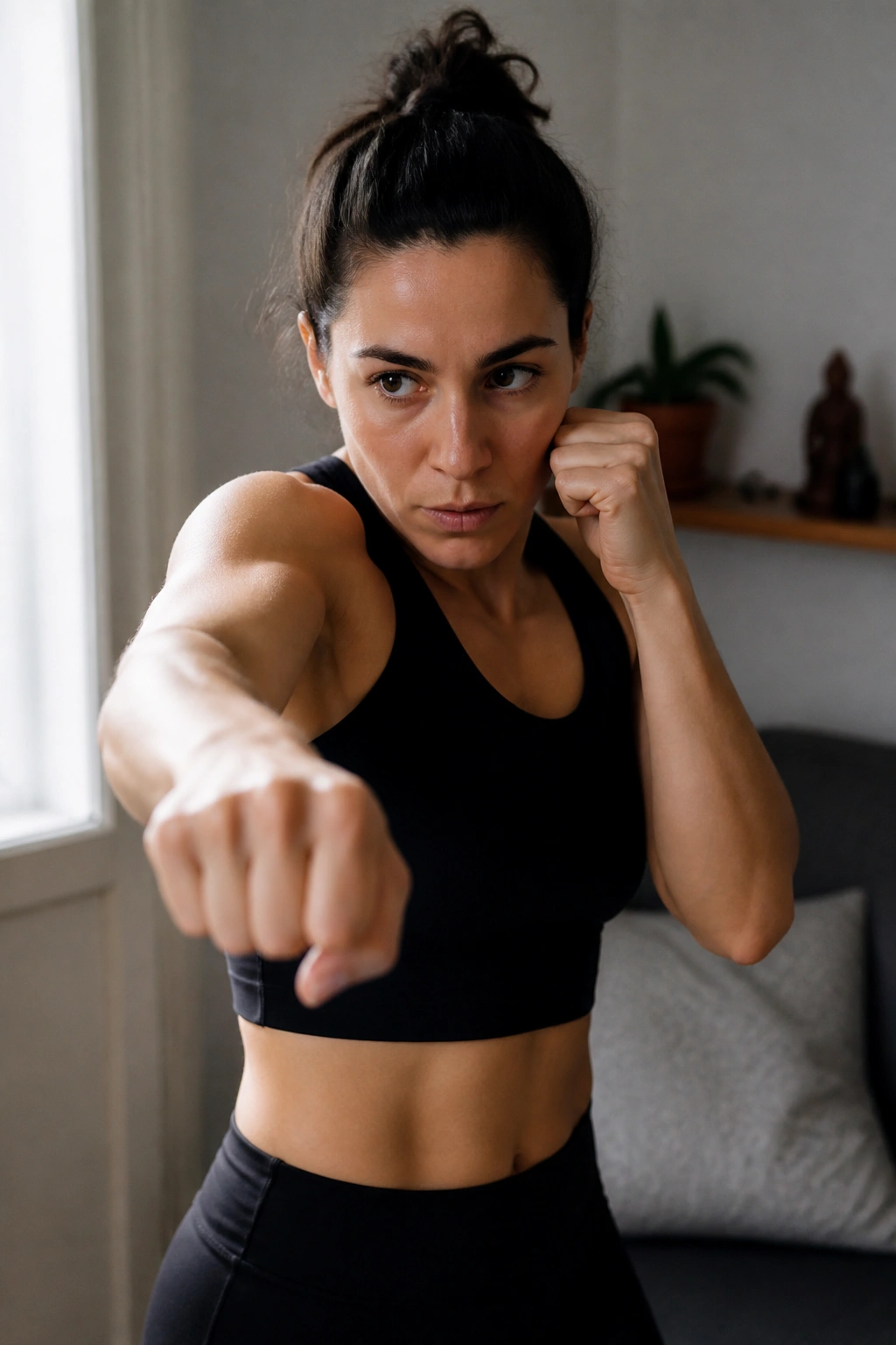 Person shadow boxing in a living room