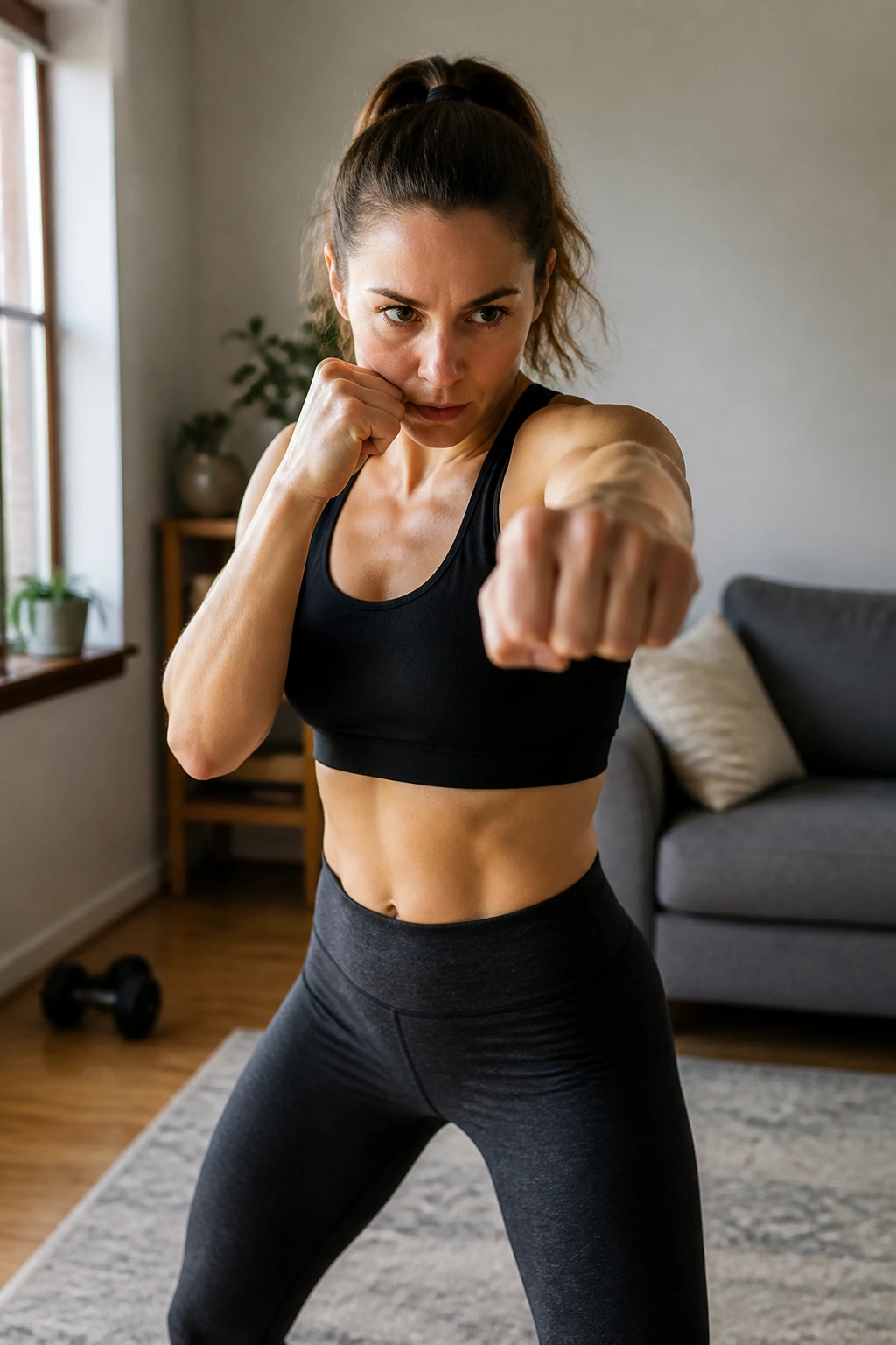 Person shadow boxing in a small living room