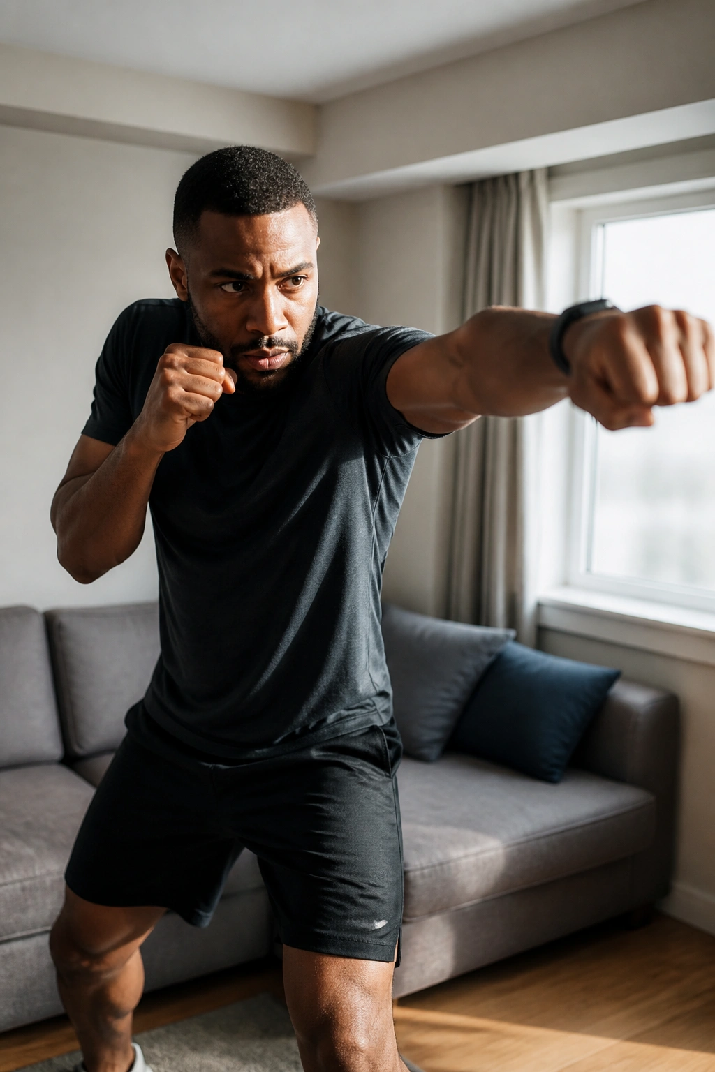 Person shadow boxing in a small apartment without equipment