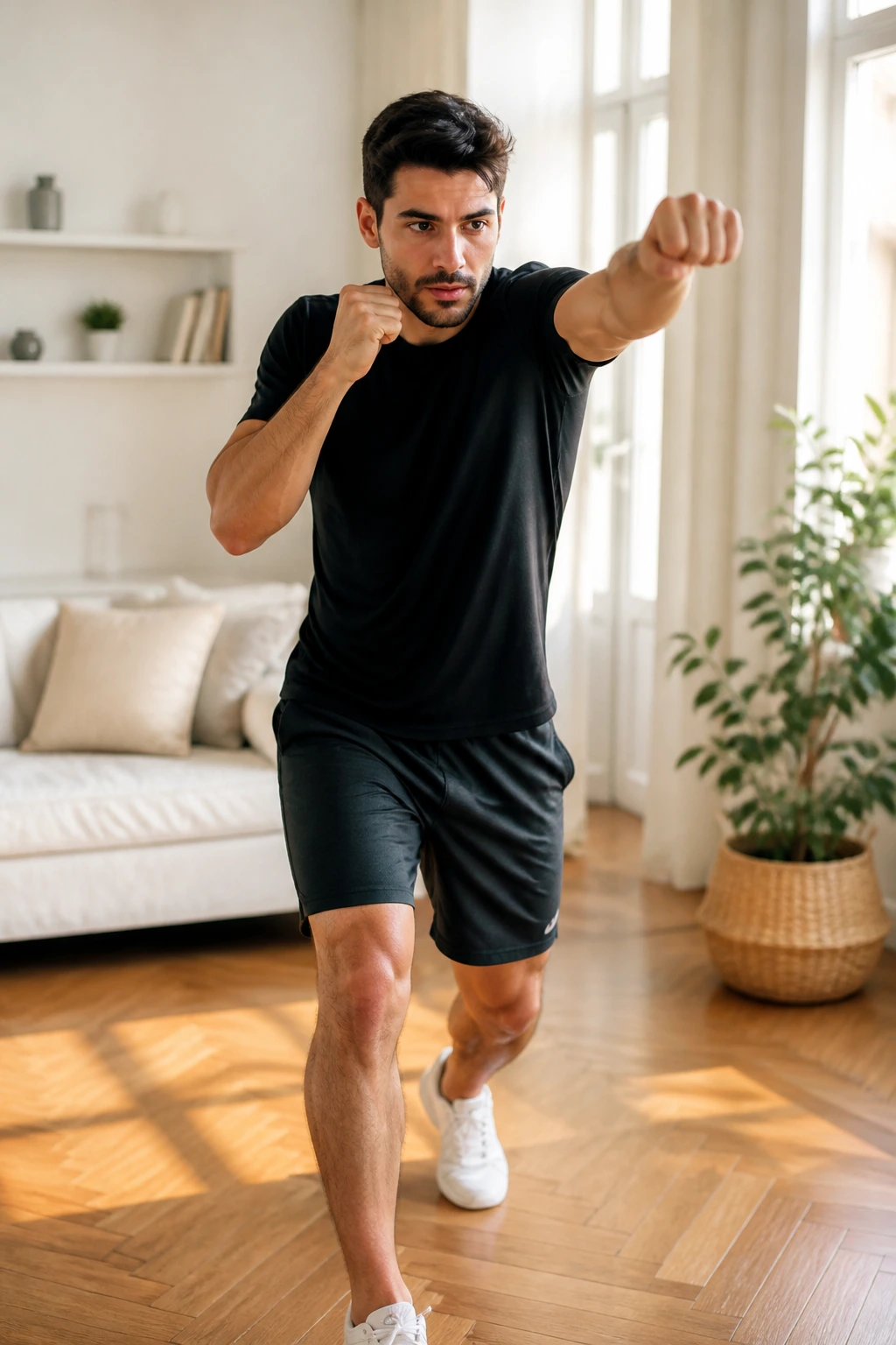 Person shadow boxing in a bright living room