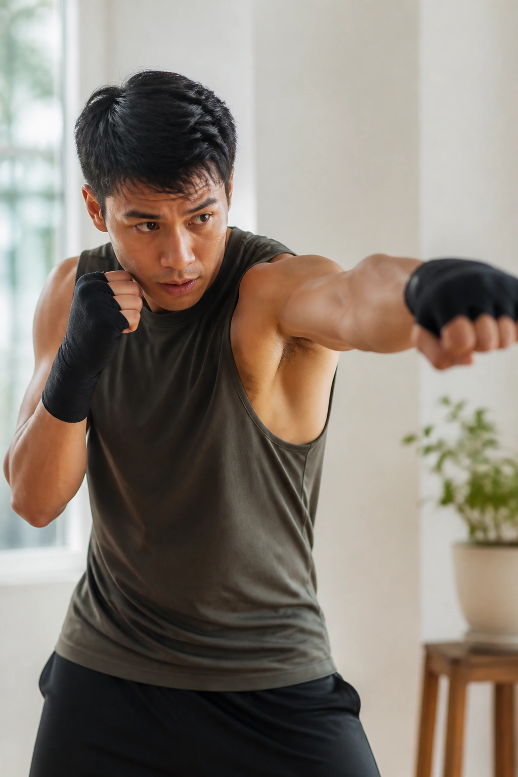 Person shadow boxing in a bright room showing strong form and movement.