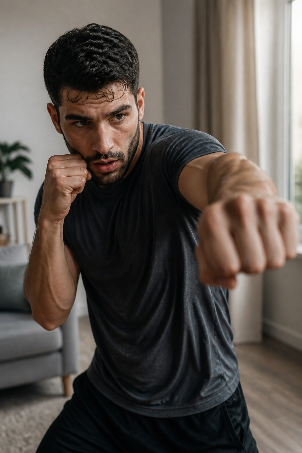 Person shadow boxing in a home setting, fists up and rotating torso.