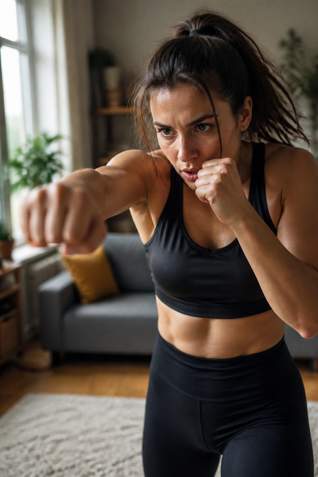 Close-up of a real person shadow boxing in a sunlit living room, mid-punch, focused expression