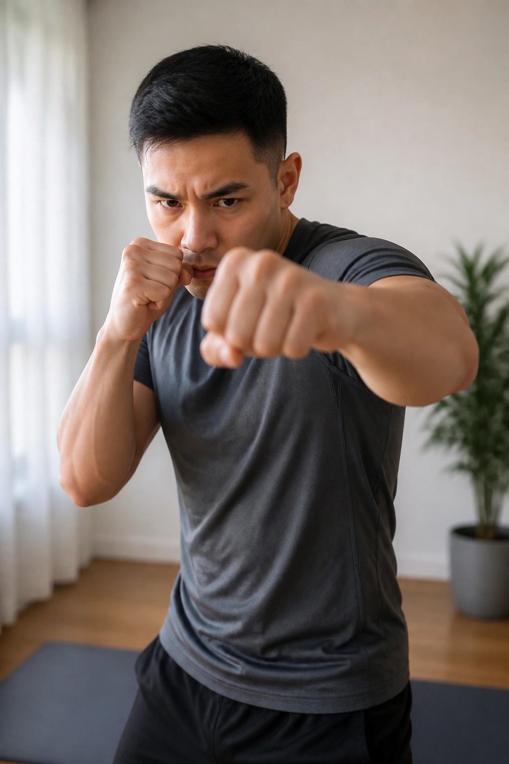 Person shadow boxing in a home gym setting