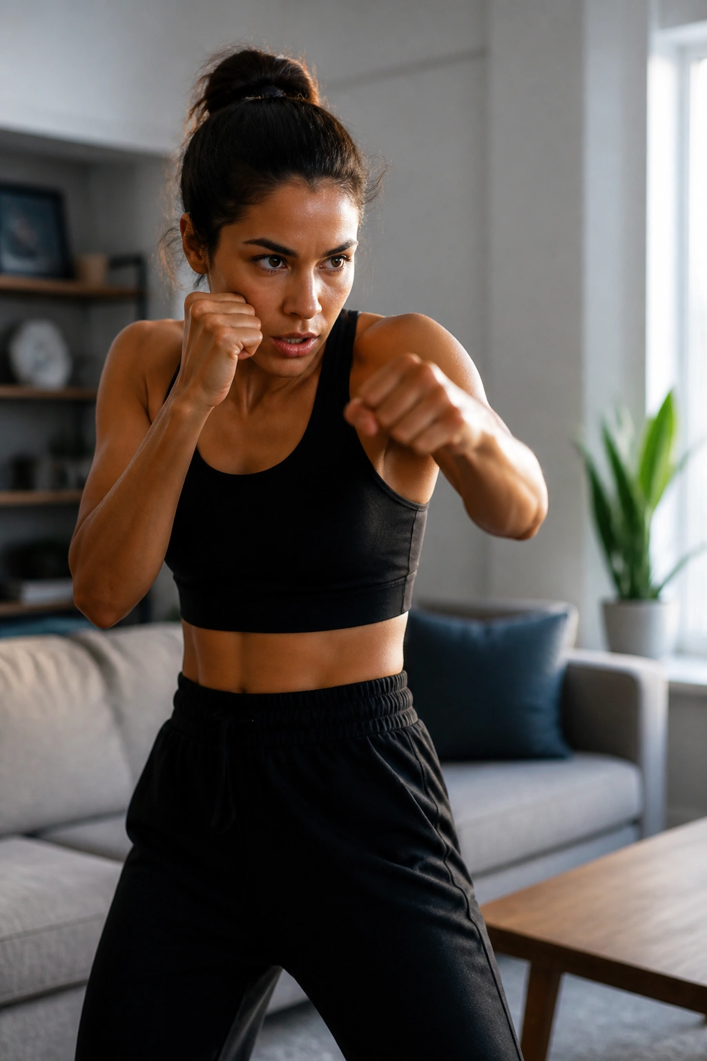 Medium-close shot of a person shadow boxing in a sunlit living room.