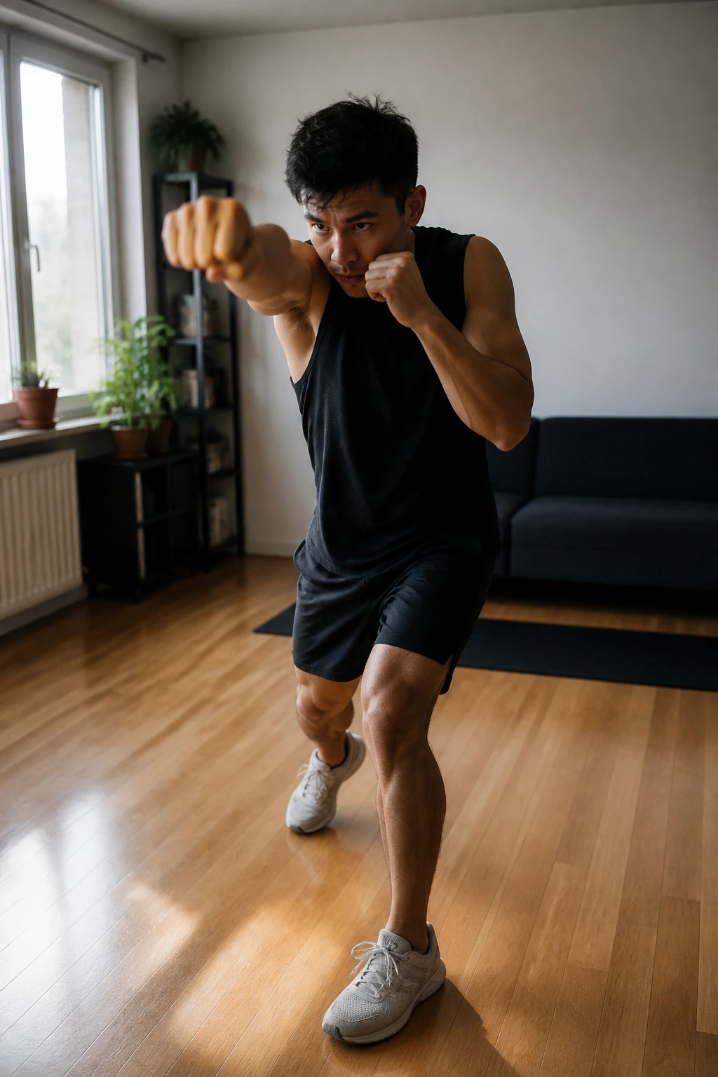 Real person shadow boxing in a small apartment showing rhythm and footwork