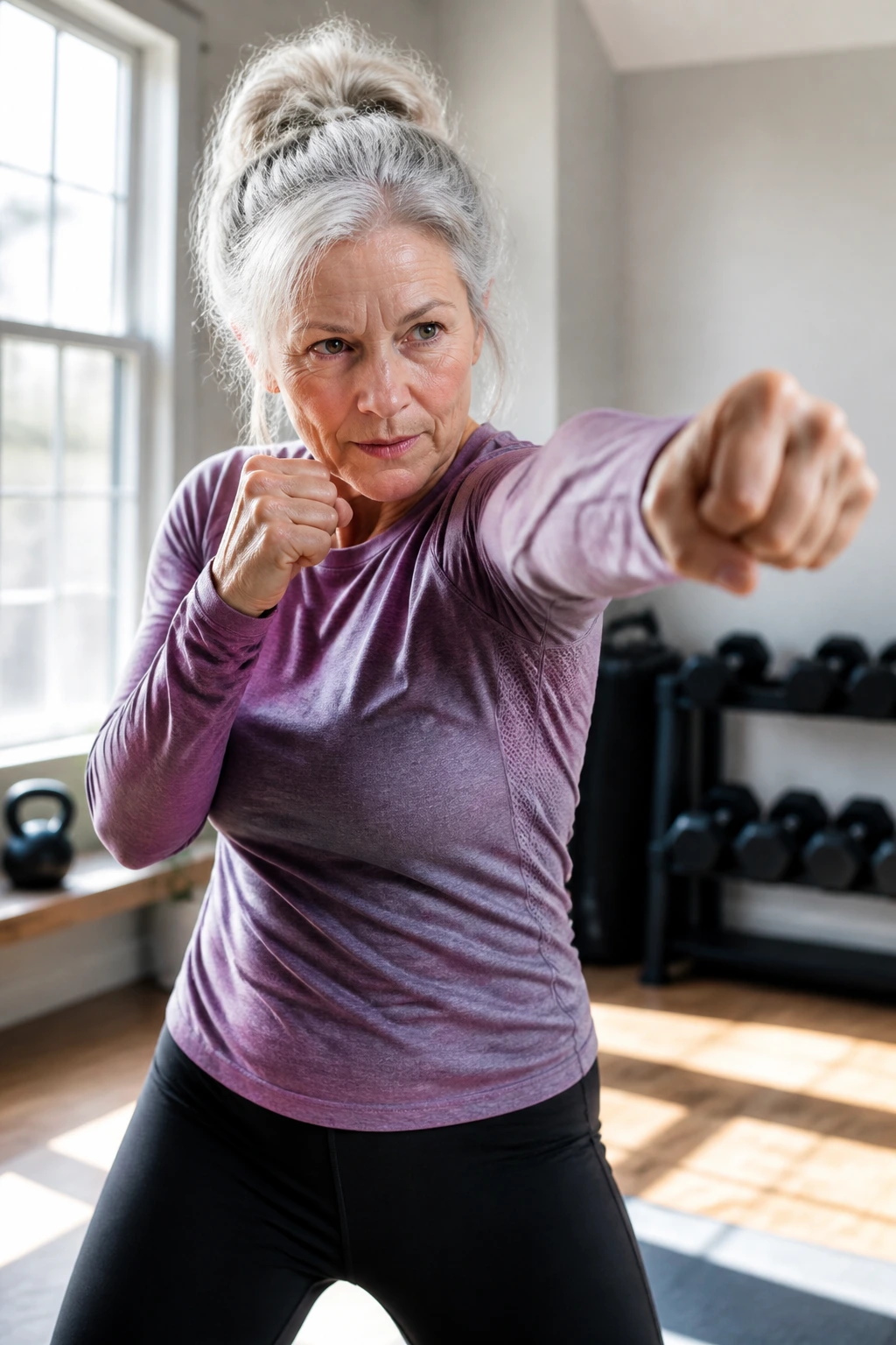 Woman shadow boxing in a home gym