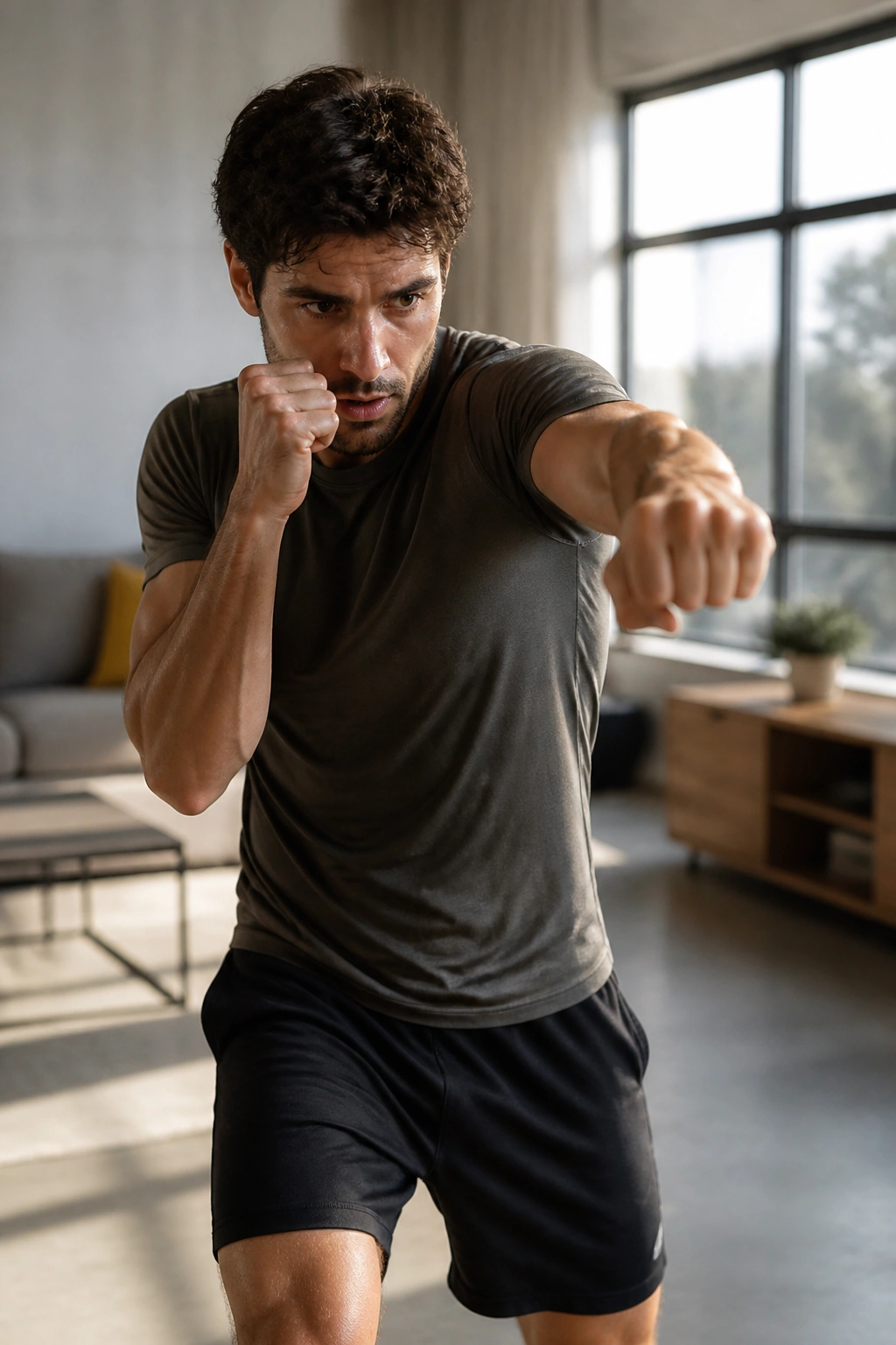 Person shadow boxing in a sunlit room
