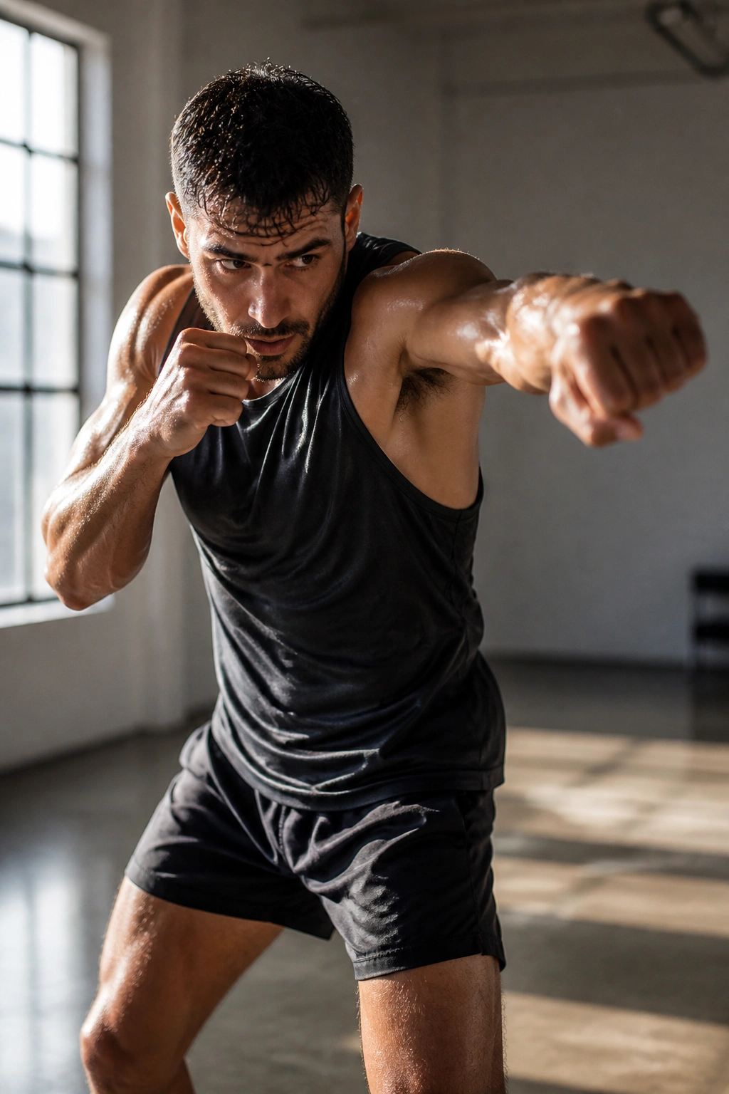 Real person shadow boxing with fast punches in a gym