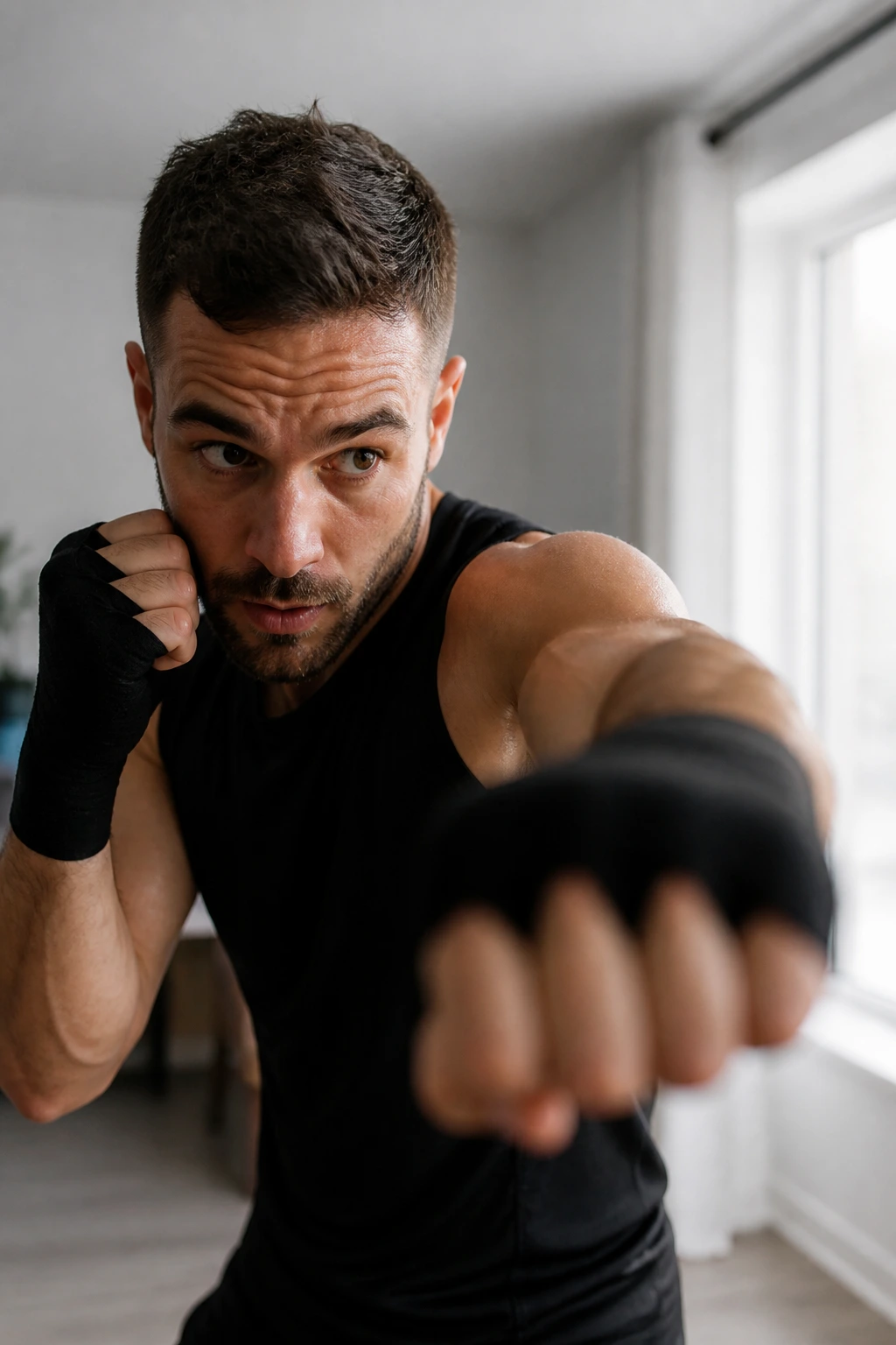 Close-up of a boxer in shadow boxing stance in a home space