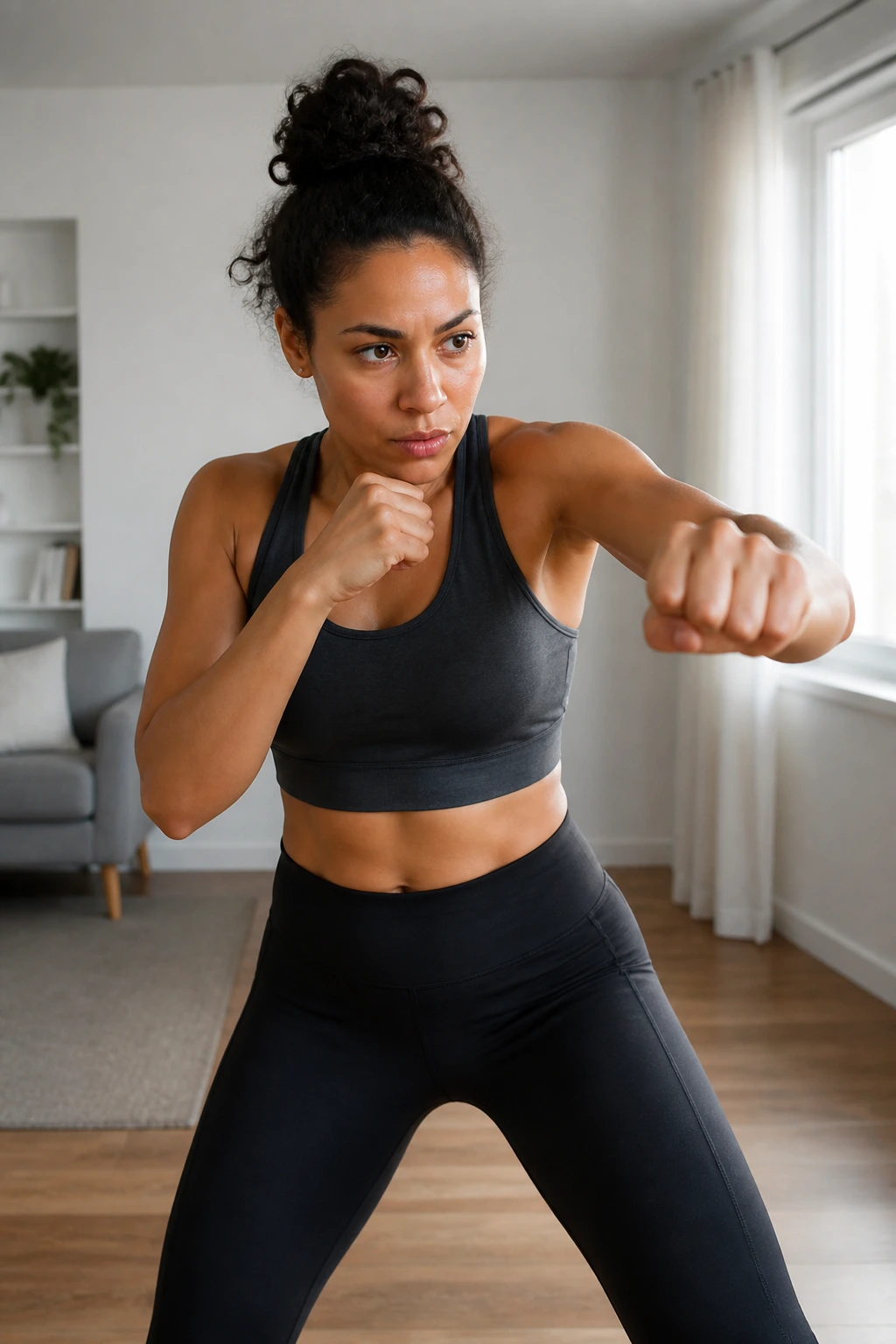 Person shadow boxing with sidestep in a bright home setting