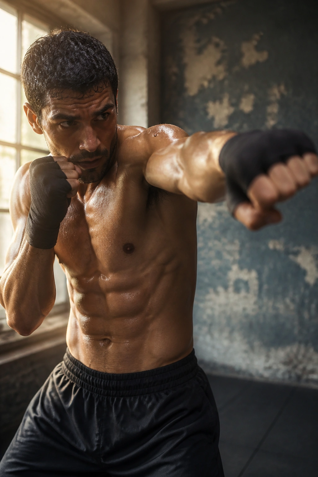Close-up of a real person shadow boxing, torso twist and braced core in a gym