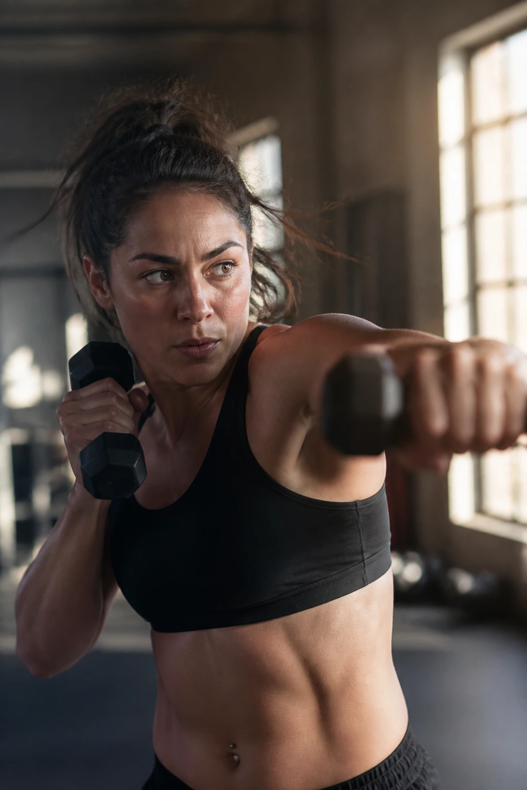 Real person shadow boxing with light dumbbells in a gym
