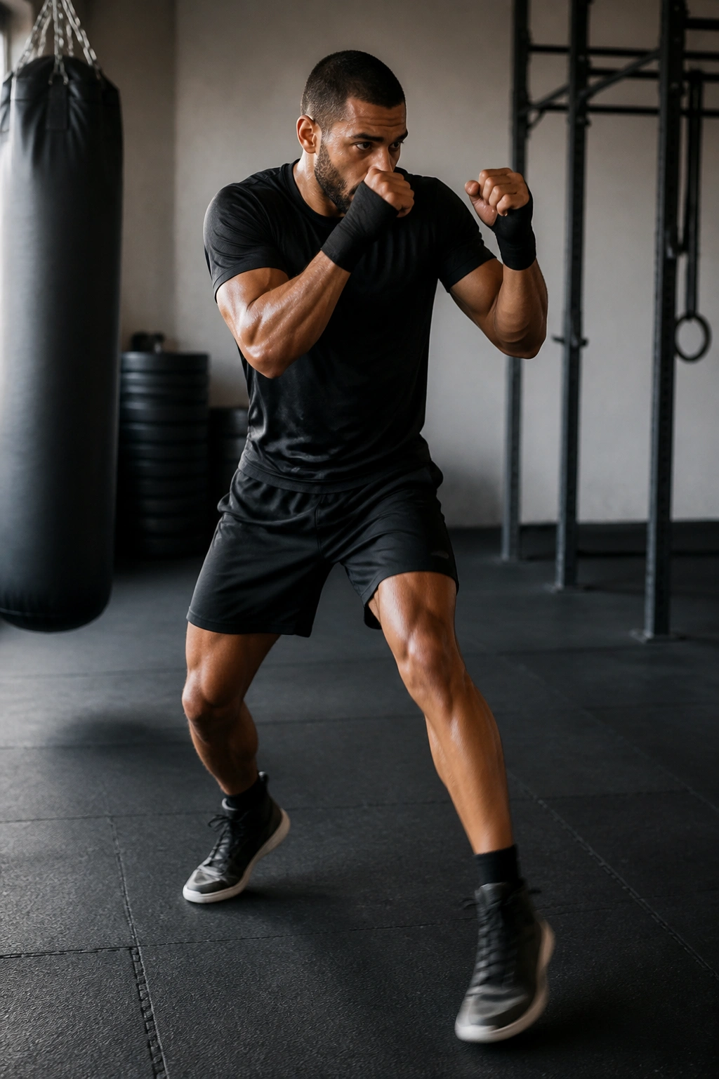 Person shadow boxing in a gym with rapid footwork