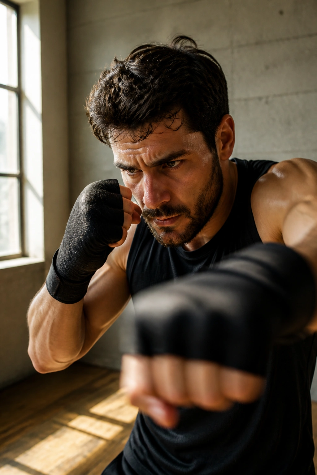 Close-up of a person shadow boxing in a sunlit gym corner