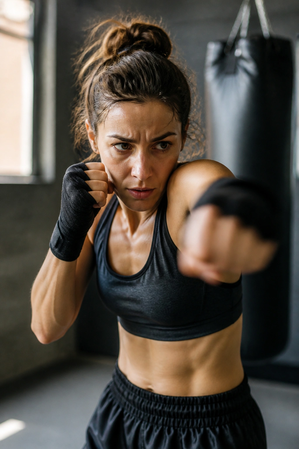 Real person shadow boxing in a gym, fists up and ready