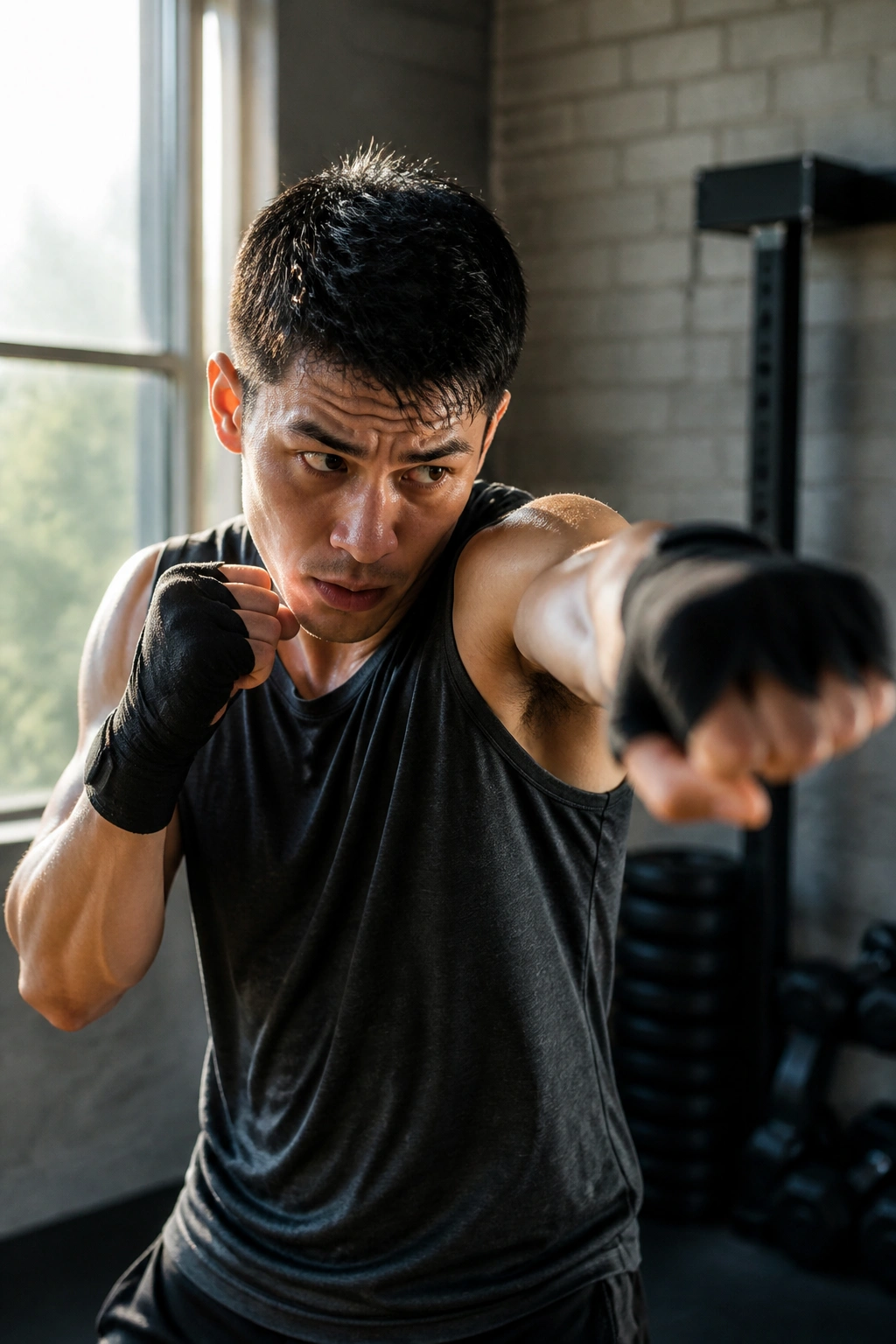 Real person shadow boxing in a gym corner with dynamic posture