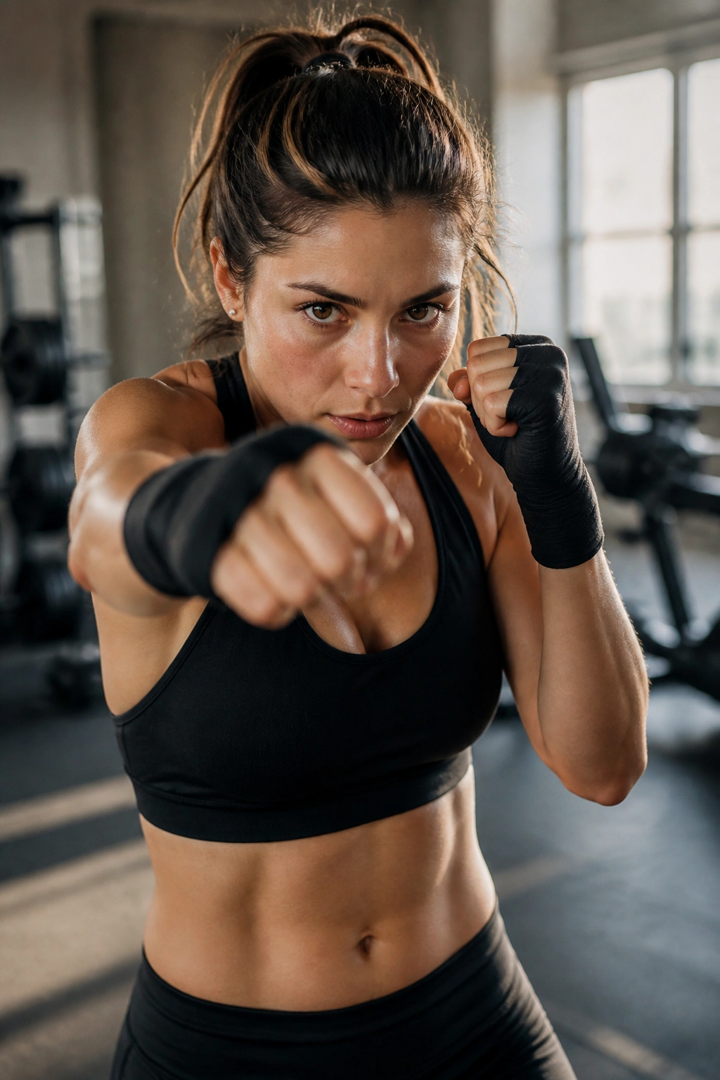 Close-up portrait of a person shadow boxing in a gym with natural light.