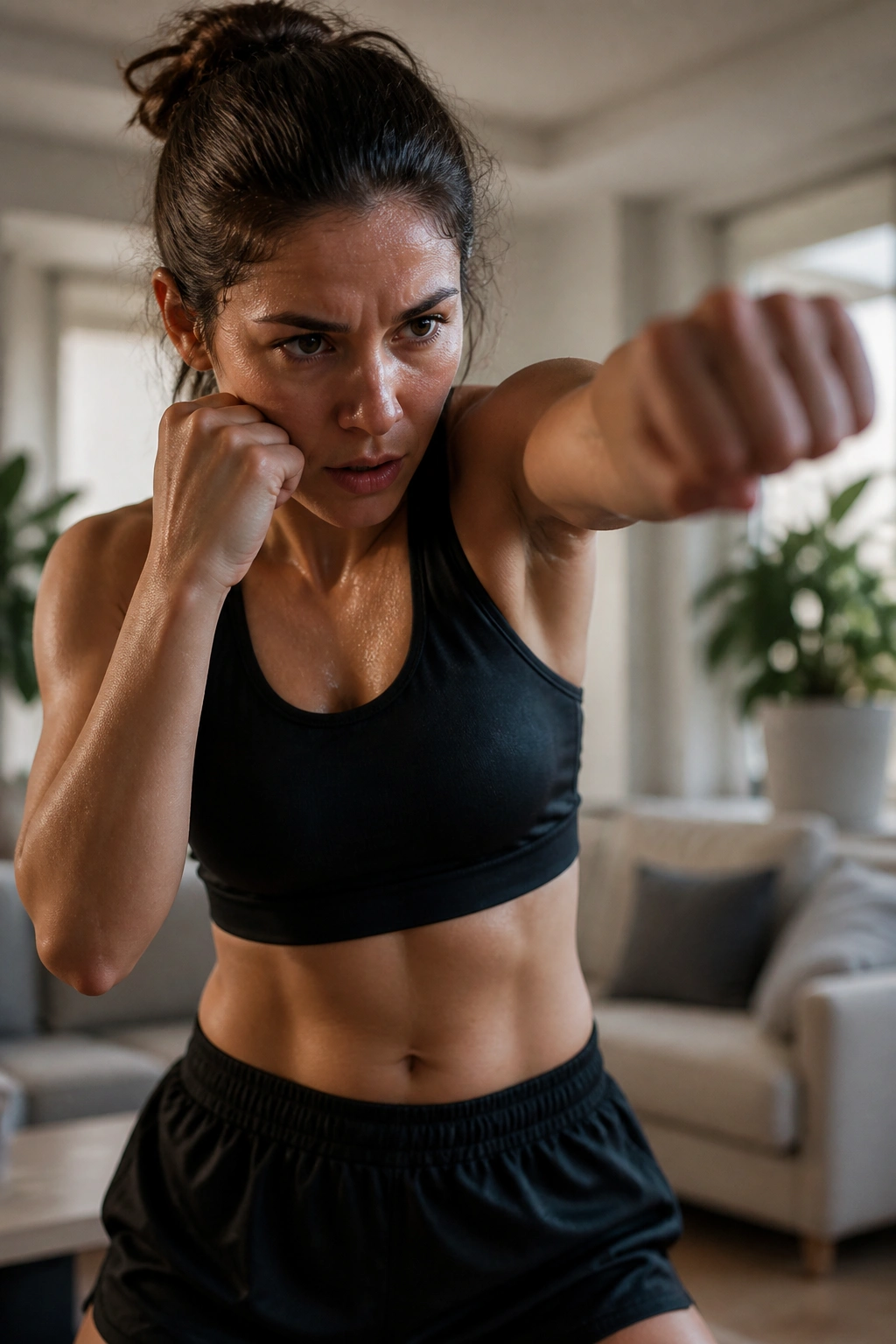 Person shadow boxing in a living room with focused stance.