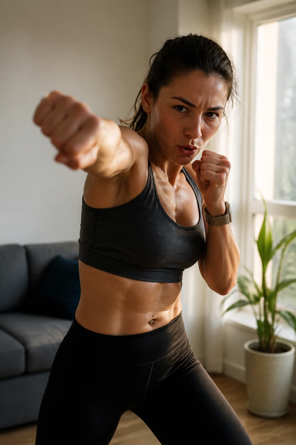 Real person shadow boxing in a living room corner, dynamic punches and torso rotation.