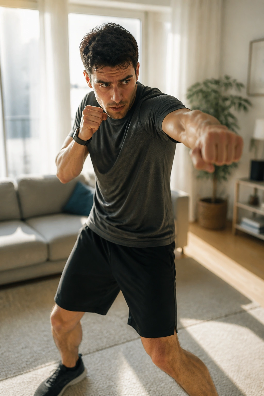 Person shadowboxing in a bright living room