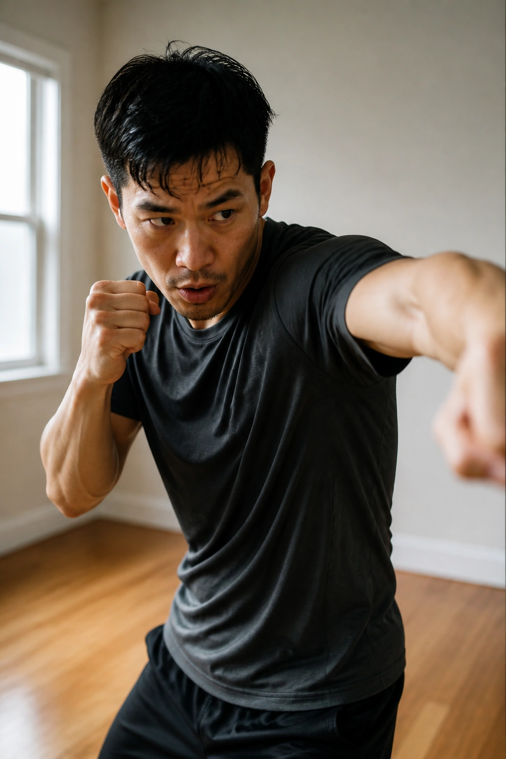 Close-up of a person shadow boxing mid-punch in a home practice space